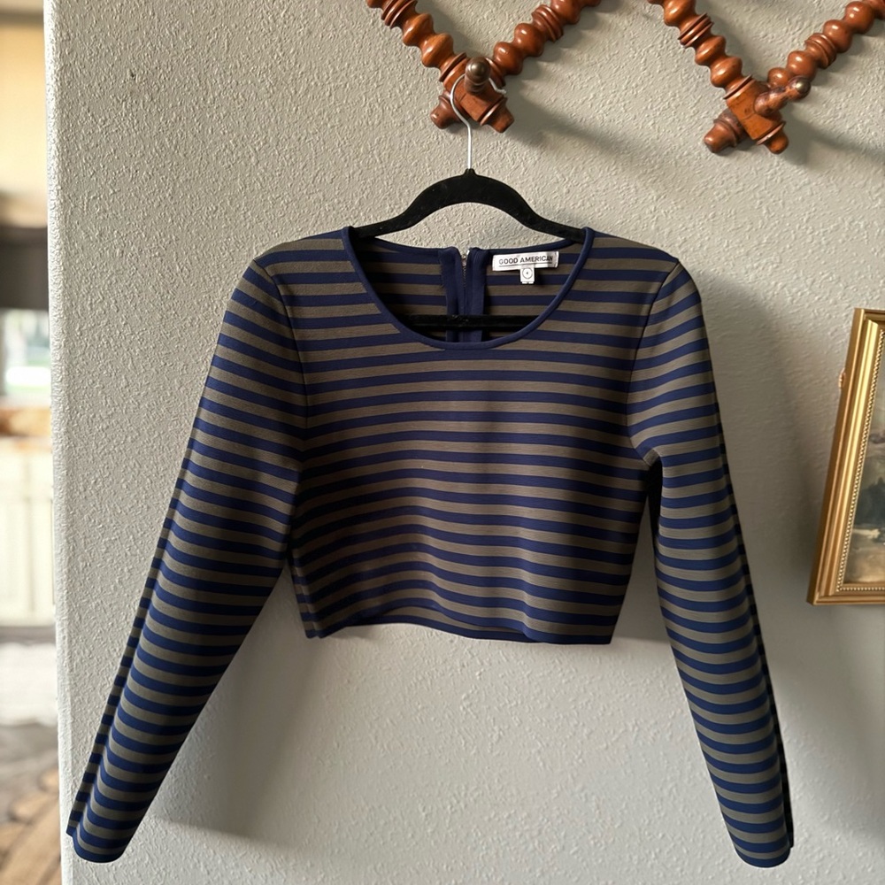 Good American Blue and Green Striped Long Sleeve Crop